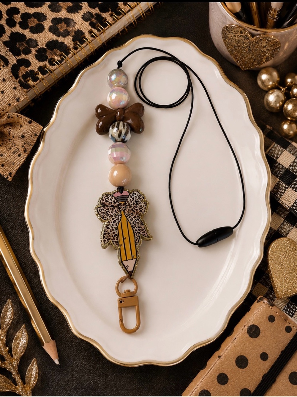 Leopard Bow Pencil Charm Lanyard - Pink, Brown, Gold